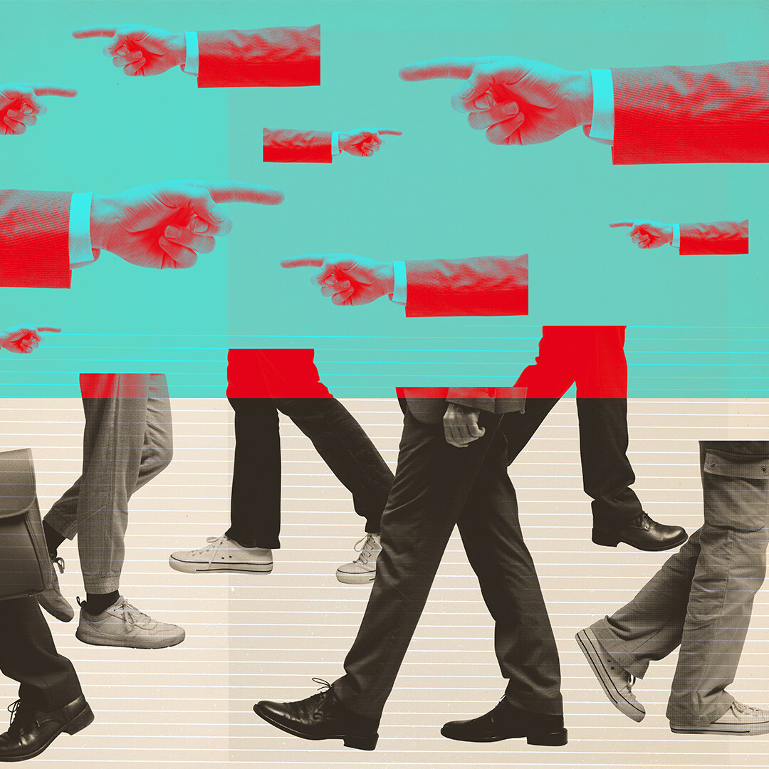 Abstract digital collage depicting businesspeople walking away while multiple hands point in different directions, symbolizing customer churn and the challenge of retaining customers through engagement strategies.
