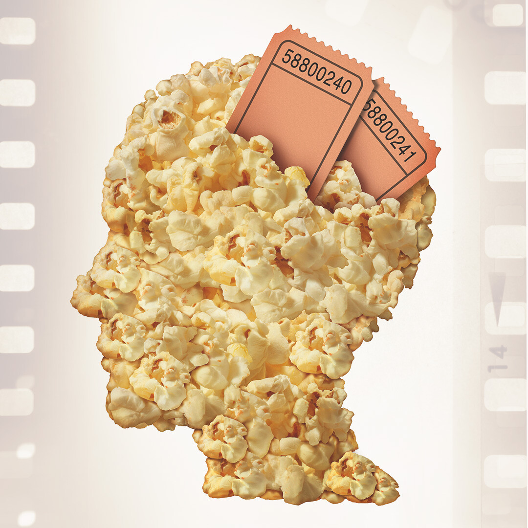 Silhouette of a human head made of popcorn with cinema tickets tucked inside, set against a film-strip background, illustrating customer journeys in film marketing.