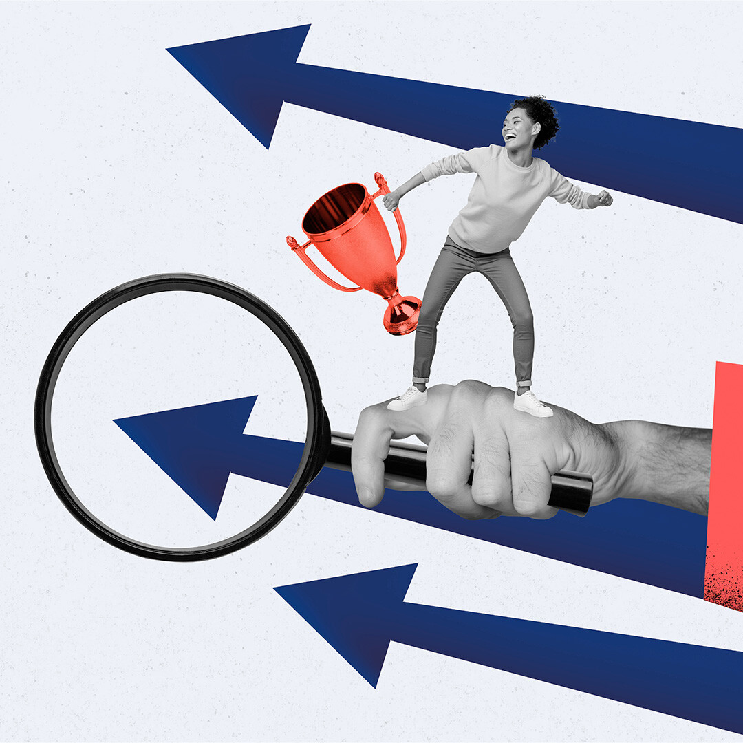Abstract collage of a person watering a plant on an outstretched hand, surrounded by bold blue arrows, symbolizing growth and progress driven by data insights.