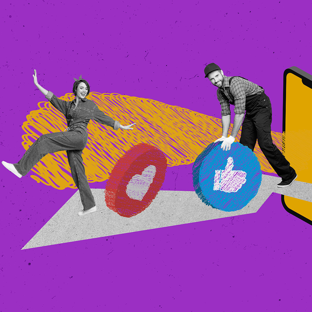Two people rolling a heart and thumbs-up icon out of a smartphone on a purple background, symbolizing personalized, emotion-driven advertising beyond cookie-based tracking.
