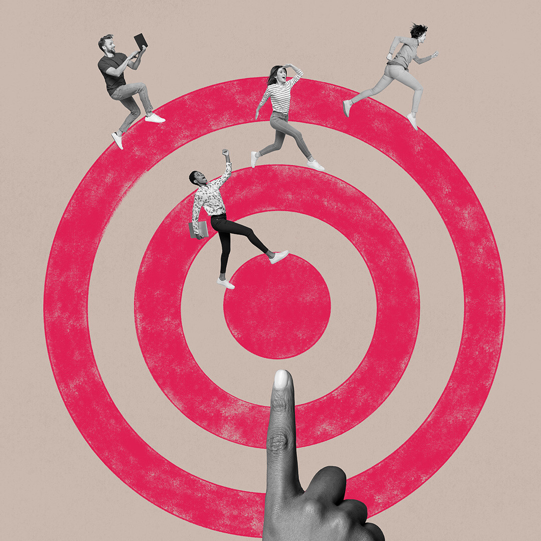 An abstract image of people running on a bullseye target to represent effective target market segmentation due to data insights.